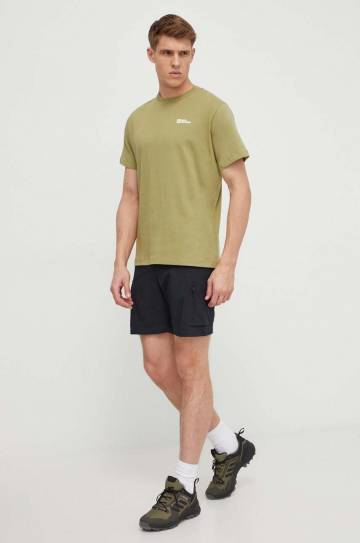 Хлопковая футболка Jack Wolfskin Essential цвет зелёный однотонная 1808382 Хлопковая футболка Jack Wolfskin Essential цвет зелёный однотонная 1808382