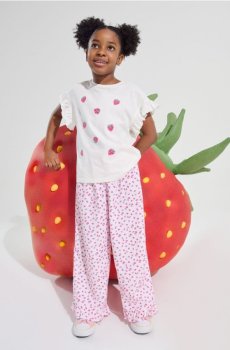 Штани з тканини з візерунком полуниці та рюшею - різнобарвний