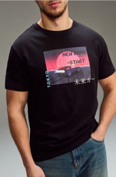 Бавовняна oversize футболка з принтом - чорний