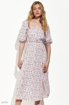 Фіолетова сукня міді із принтом і шнурівкою