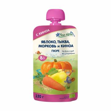 Детское фруктово-овощное пюре Fleur Alpine Organic Яблоко, тыква, морковь и киноа, от 8 месяцев, 120 г Детское фруктово-овощное пюре Fleur Alpine Organic Яблоко, тыква, морковь и киноа, от 8 месяцев, 120 г