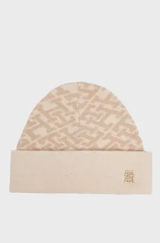 Женская бежевая шапка с узором MONOGRAM ALL OVER BEANIE Бежевый ONESIZE Tommy Hilfiger AW0AW15327