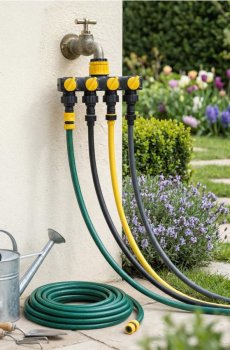 4-ходовий розподільник для крана для садових шлангів з клапанами - жовтий