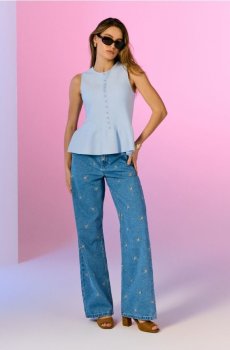 Джинси wide leg з вишивкою - синій