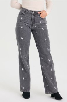 Джинси wide leg з високою талією та квітковою вишивкою - сірий