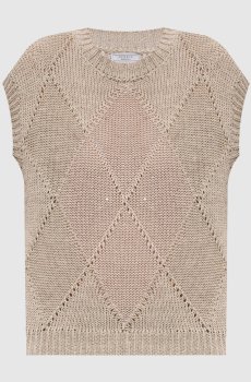 Бежевый ажурный жилет с льном