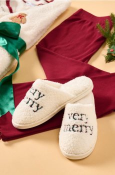 Теплі капці з різдвяним мотивом - кремовий