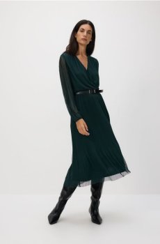 Reserved - Плісирована сукня з поясом - синьо-зелений - 922GA-67X