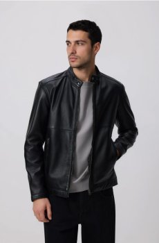 Reserved - Шкіряна куртка з коміром-стійкою - чорний - 546HK-99X