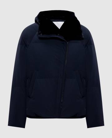 Синий пуховик с мехом кролика