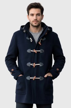 Мужское синее утепленное шерстяное пальто с капюшоном K-099