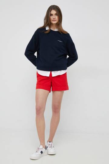 Хлопковые шорты Tommy Hilfiger цвет красный однотонные высокая посадка Хлопковые шорты Tommy Hilfiger цвет красный однотонные высокая посадка