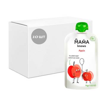 Упаковка Детское фруктовое пюре Mama knows Яблоко, без сахара, от 6 месяцев, 10*90 г Упаковка Детское фруктовое пюре Mama knows Яблоко, без сахара, от 6 месяцев, 10*90 г