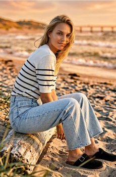 Светр із коротким рукавом у смужку - білий