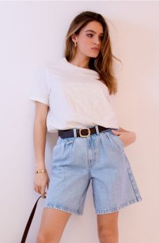 Джинсові бермуди з високою талією та складками - синій