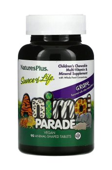 Мультивитамины и минералы для детей NaturesPlus Animal Parade со вкусом винограда, 90 жевательных таблеток