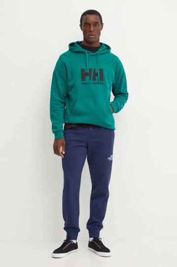 Хлопковая кофта Helly Hansen HH LOGO мужская цвет зелёный с капюшоном с принтом 30394 Хлопковая кофта Helly Hansen HH LOGO мужская цвет зелёный с капюшоном с принтом 30394