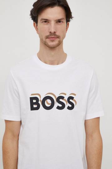 Хлопковая футболка BOSS мужской цвет белый с принтом Хлопковая футболка BOSS мужской цвет белый с принтом
