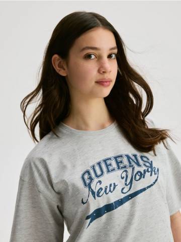 Reserved - Футболка з кристалами і принтом - світло-сірий - 839GB-09M