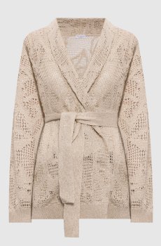 Бежевый ажурный кардиган на запах из льна