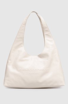 Кожаная сумка-хобо цвета айвори с фактурным логотипом