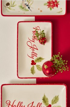 Різдвяна керамічна тарілка з написом «Holly Jolly» - червоний