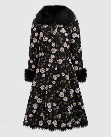 Черное пальто на меху в цветочный узор с мехом лисы