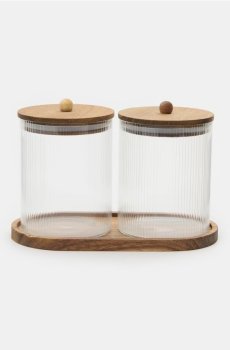 Рифлені контейнери для їжі з кришками на дерев’яній підставці - clear
