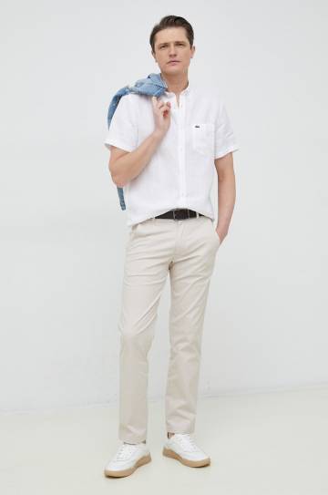 Льняная рубашка Lacoste цвет белый regular воротник button-down Льняная рубашка Lacoste цвет белый regular воротник button-down