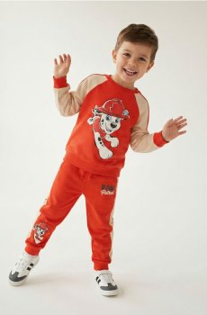 Спортивні штани з контрастними лампасами та принтом PAW Patrol - перцевий червоний