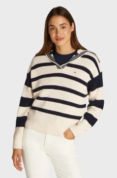 Женский пуловер в полоску CO CARDI STITCH OPEN POLO SWT LS Разноцветный XS Tommy Hilfiger WW0WW44451