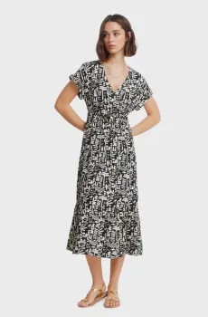 Женское черное льняное платье с узором Черный 40 SPRINGFIELD 7953618