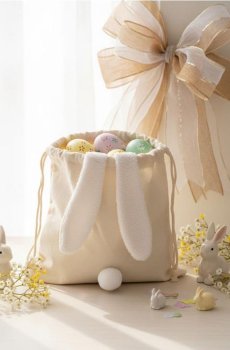 Великодній мішечок із мотивом кролика та шнурком - бежевий