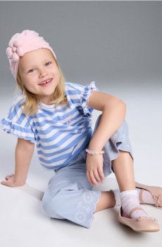 Футболка в смужку з вишивкою та воланами - light blue