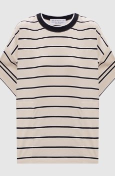 Бежевая футболка в полоску с карманами
