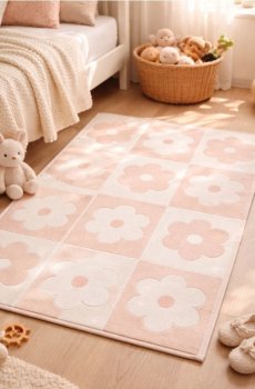 Килим у шаховий візерунок із квітковим мотивом - рожевий
