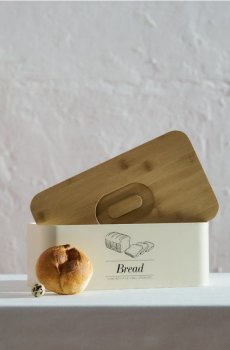 Металевий хлібник з бамбуковою кришкою - кремовий