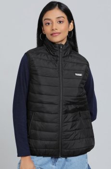 hummel Women Mock Collar Solid Casual Gilet Jacket