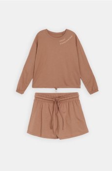 Двокомпонентна бавовняна піжама з написом - коричневий