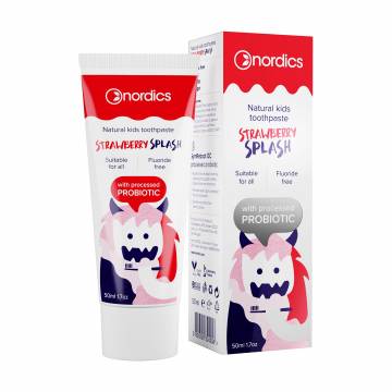 Детская зубная паста Nordics Kids Strawberry Splash без фтора, с пробиотиком, 50 мл Детская зубная паста Nordics Kids Strawberry Splash без фтора, с пробиотиком, 50 мл