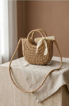 Плетена сумка з декоративним бантом - бежевий