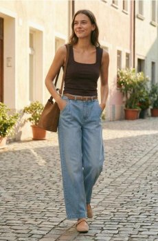 Бавовняний топ з квадратним декольте - темно коричневий