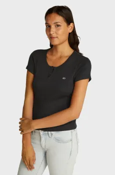 Женская черная футболка TJW SLIM BUTTON RIB C-NECK SS Черный XS Tommy Jeans DW0DW19502