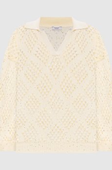 Желтый ажурный джемпер с воротником поло