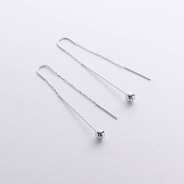 Серьги "Шарики" в белом золоте на цепочке с08823 Серьги "Шарики" в белом золоте на цепочке с08823