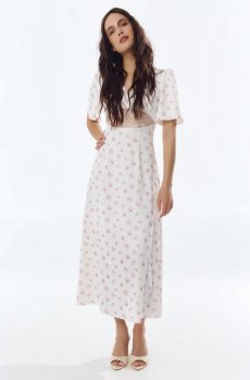 Молочна сатинова сукня міді з квітковим принтом