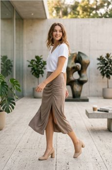 Спідниця міді з драпуванням - бежевий