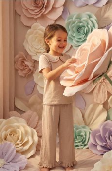 Бавовняна двочастинна піжама з вишивкою у вигляді бантика - бежевий