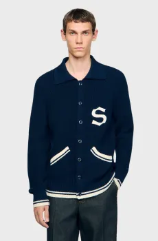 Мужкой темно-синий шерстяной кардиган Синий XL Sandro SHPTR00700_Navy Blue