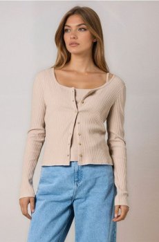 Ребристий двокомпонентний комплект з контрастним оздобленням - бежевий